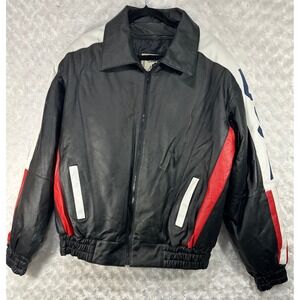 Wilda Mens Size M USA American Flag Genuine Leather Bomber Black Red Jacket
